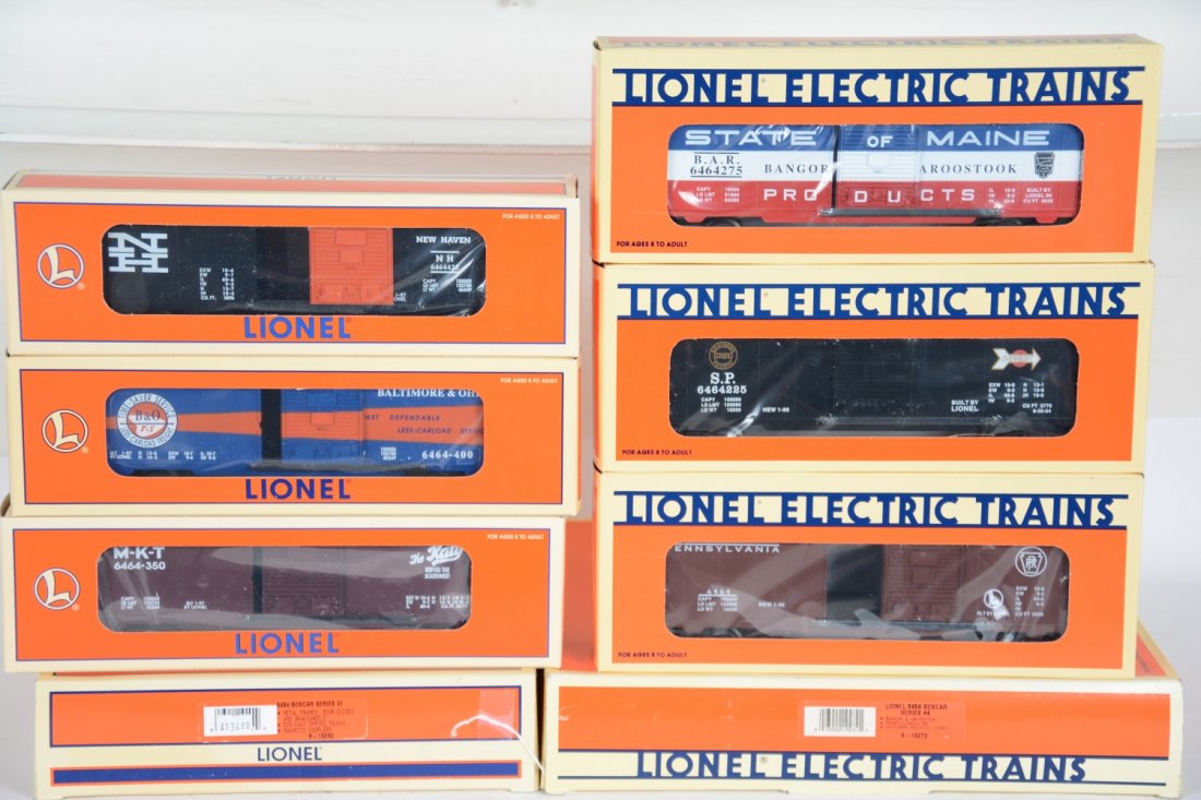 Lionel 6464 Boxcar Series 4 & VI: Set 19272(MKT, B&O, NH); Set 19276 (B&O, Rutland & C of G). All appear unrun with boxes and set boxes, C10