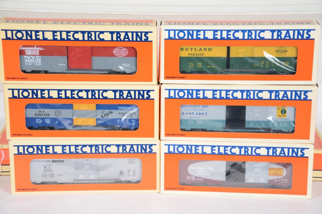 Lionel 6464 Boxcar Series III & IV: Includes 19276(Rutland; B&O; C of G); 19266(RI, NYC; MP), all appear unrun with boxes and master boxes, C10