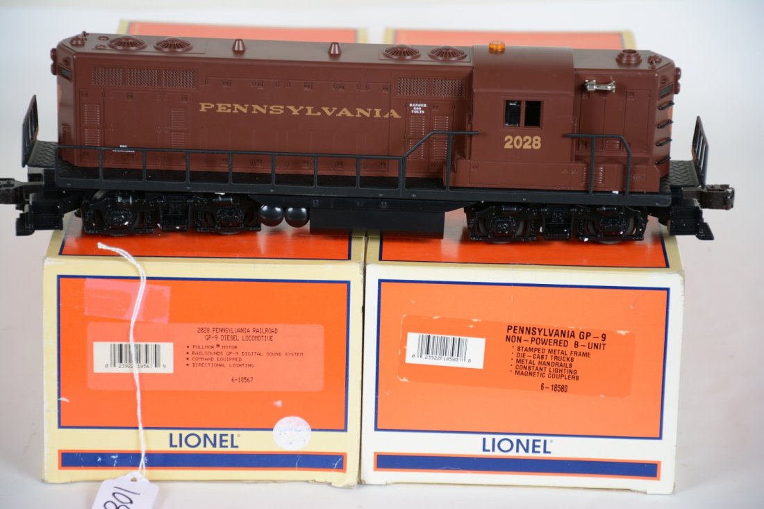 Lionel 18567 & 80 PRR GP7 AA Diesels: Command equipped; RailSounds and directional lighting. They have been test run with boxes, C9+-10