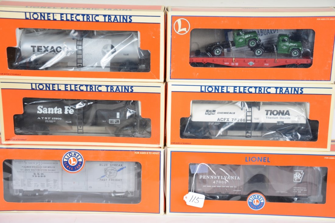 6 Lionel O Scale Freight Cars: Includes 17276 Cotton Belt PS2 boxcar; 27210 PRR PS2 boxcar; 17634 Diamond flat with Macks; Unibody Tank Cars- 17906 SCM UNI; 17900 SF & 17904 Texaco. All appear unrun with boxes, C10