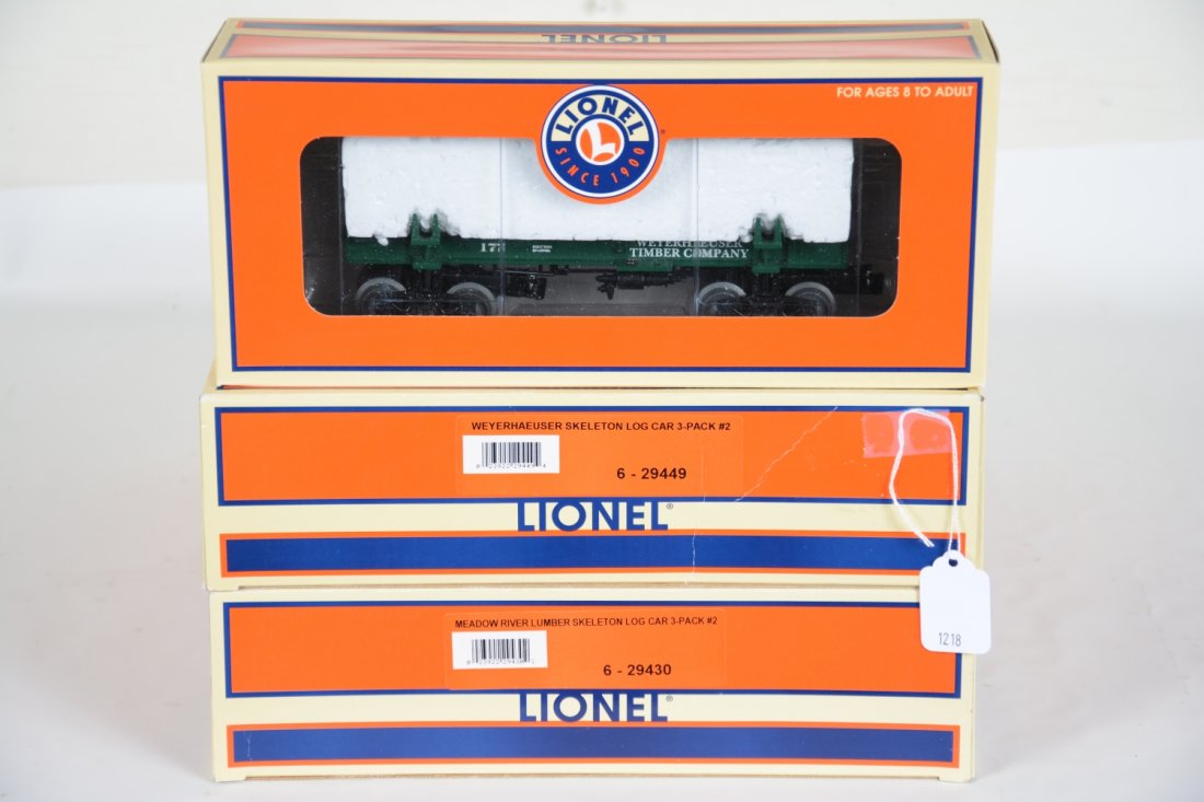 2 Lionel Skeleton Log Car sets: Great for your Shay! Includes a 3-car 29449 Weyhaeuser set; 3-car 29430 Meadow River lumber set. They are unrun with boxes and master boxes, C10