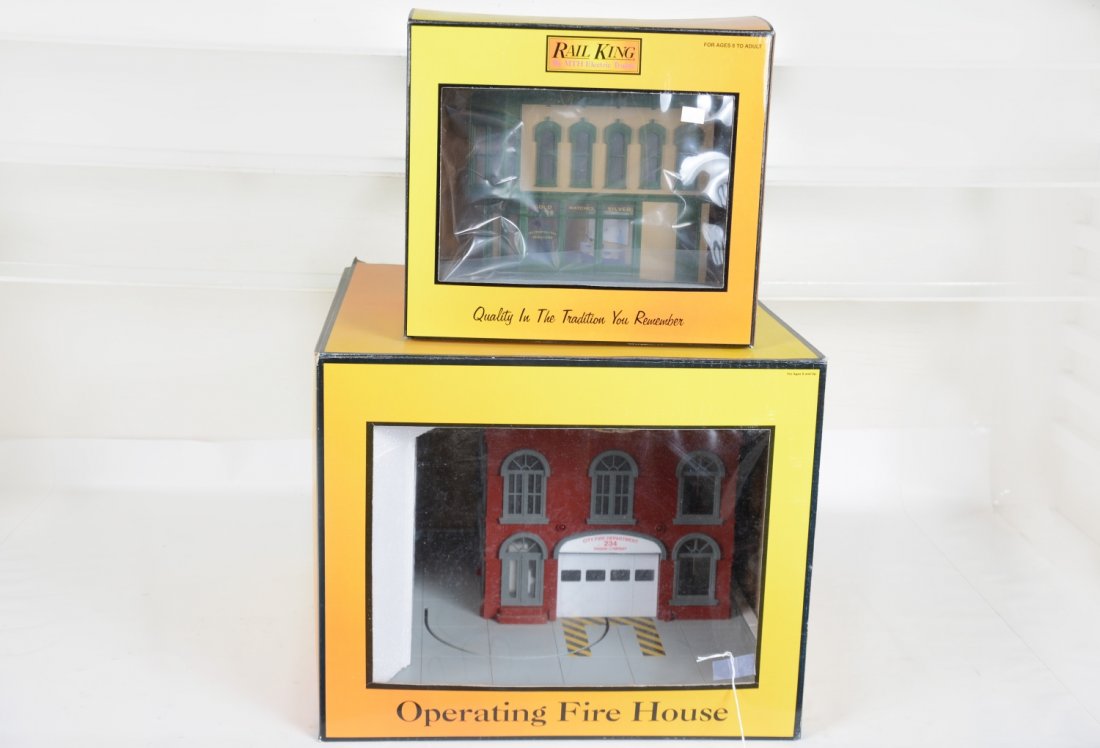 2 MTH RailKing Accessories: Includes 30-9102 operating fire house; 30-9035 jewelry store. They show light use with boxes, C8+-9