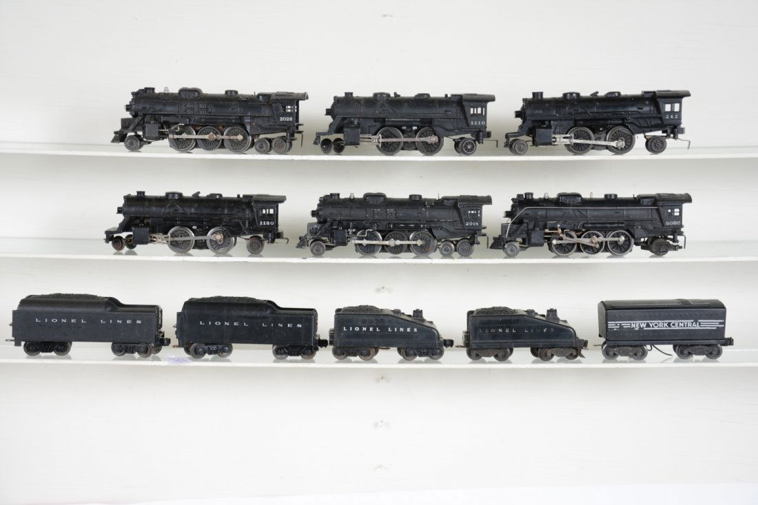 11Pc Lionel loco & Tender Lot: Includes locos- early & late 2026; 2018; 242; 1120; 1110; tenders; 221W, 85% decals; 1615T; 1050T; 1160T; 1150T. Rest show moderate playwear, C6