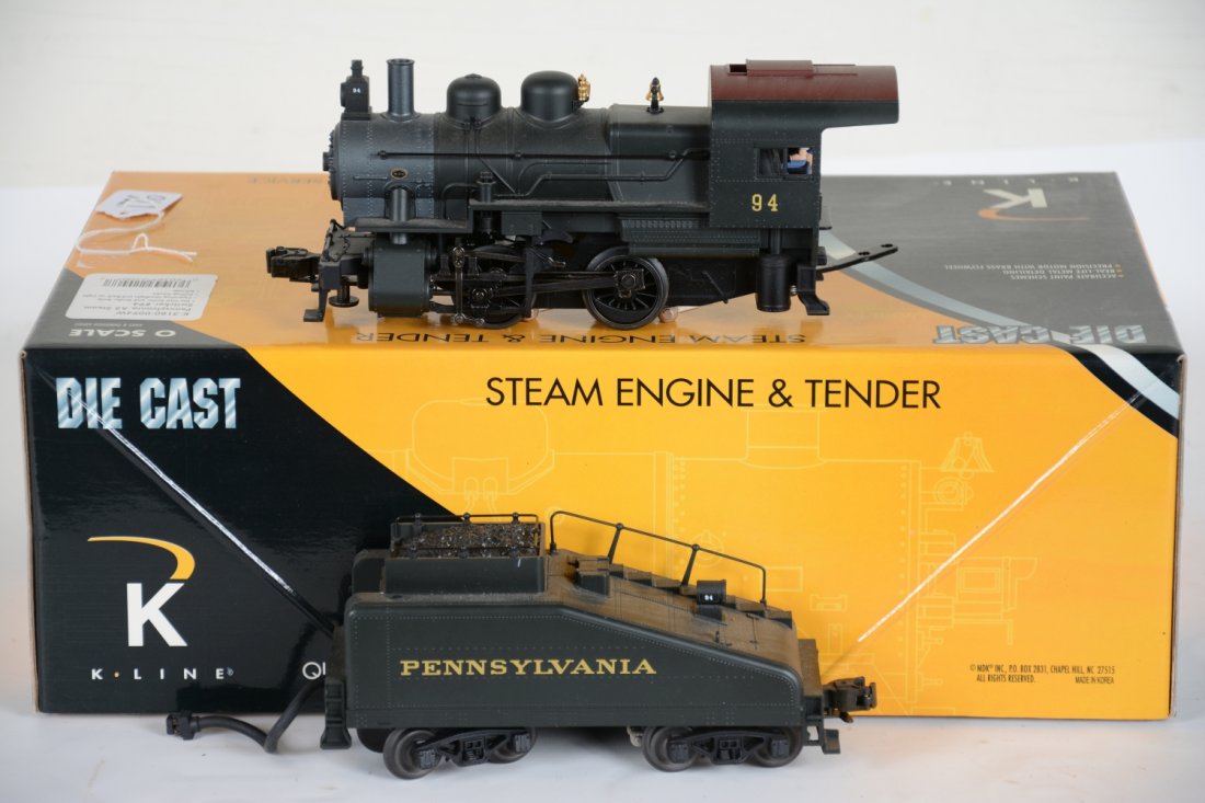 K-Line K3180-0094W PRR A5 Switcher: Nice diecast steam loco with headlight, puffing smoke & whistle. It shows light runtime with C9 body & box.