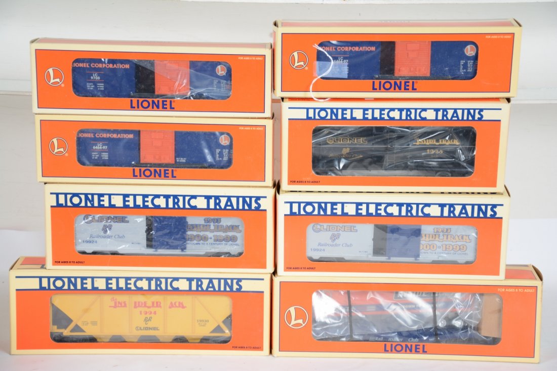 8 Lionel LRRC Freight Cars: Includes boxcars- 2 #19953, 2 #19924, 29200, 19437 flat with trailer; 19930 Quadhopper; 19935 tank car. All are mint with boxes, C10