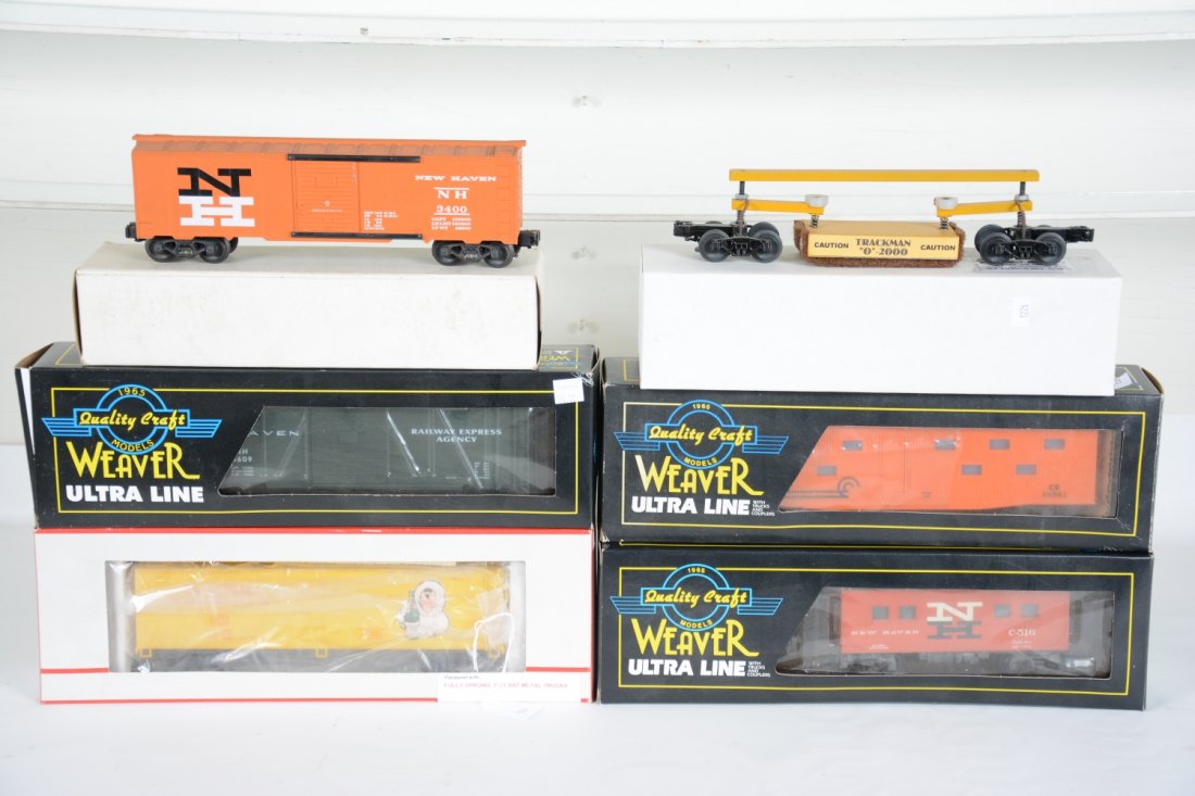 6 Assorted Modern Freight Cars: Includes an M.O.W. Equipment track cleaner; NETCA Crown Clicquot Club reefer; MTH 30-7920 Conrail bunk car(box in photo is incorrect, have correct box in lot); KMT 26 NH boxcar; Weaver NH boxcar; Weav