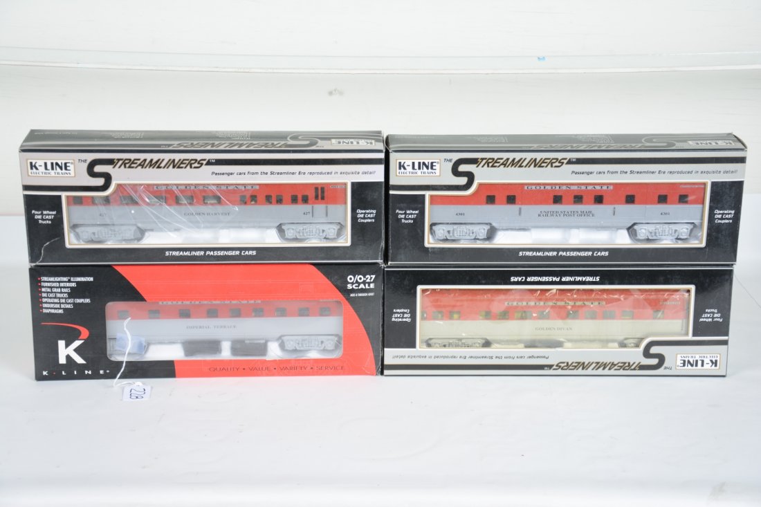 4 K-Line KCC Golden State Cars: Includes K4532-4301 RPO; K4532-0479 coach; K4532-0427 diner; Golden Harvest diner. All show very light runtime with C9 bodies & boxes.