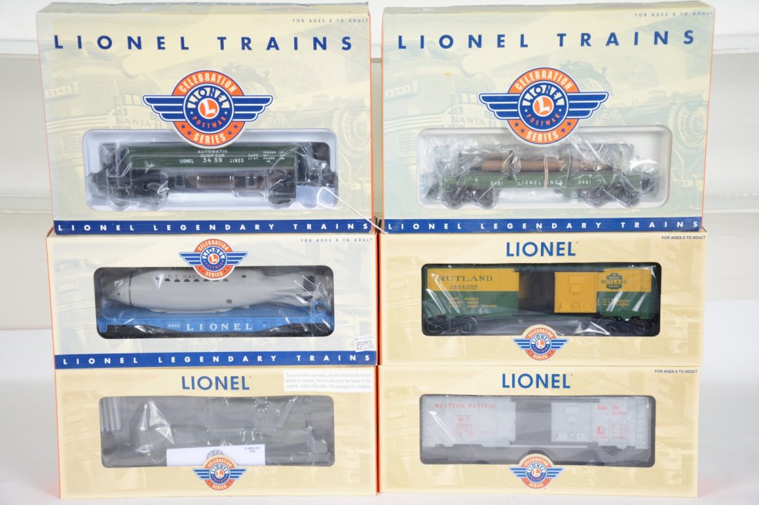 Lionel Celebration Series Freight Cars: Includes 39290 6464 2-pack(WP & Rutland); 26759 #3459 coal dump; 36739 #3461 log dump; 26020 #3830 Sub flat; 29853 #6651 cannon car. All are mint in boxes, C10