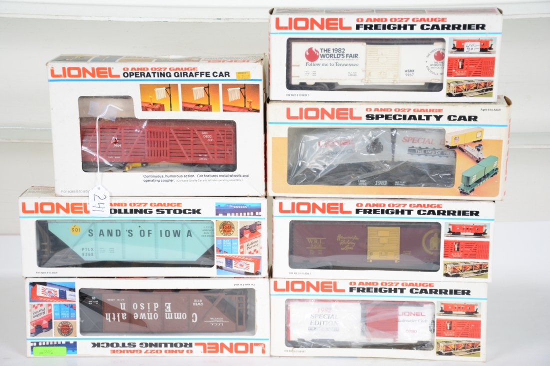 7 Boxed Lionel MPC Freight Cars: Includes 7904 Giraffe car; 0780 LRRC boxcar; 9466 Wannamaker boxcar; 0781 LRRC van flat; 9467 World's Fair boxcar; 6112 LCCA hopper; 9358 LCCA covered hopper. All appear unrun with nice boxes, C10