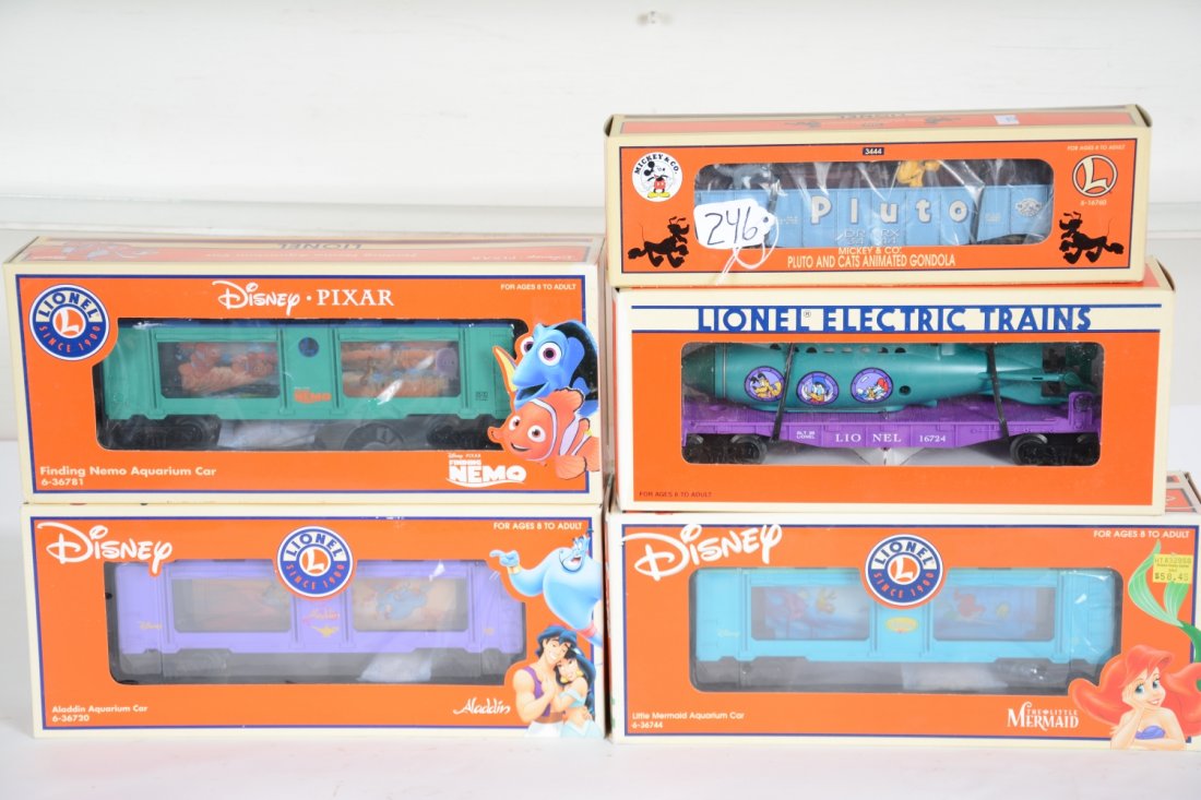 5 Lionel Disney Cars: Includes 36781 Nemo aquarium car; 36720 Aladdin aquarium car; 16760 Pluto & Cats animated gondola; 16724 Mickey Mouse submarine car; 36744 Little Mermaid aquarium car. All are mint with boxes, C10