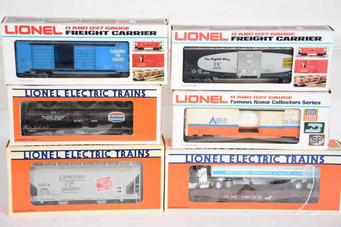 6 Lionel LCCA Freight Cars: Includes 52023 D&TSL center flow hopper; 17887 flat with truck; 9460 D&H boxcar; 9435 C of G boxcar; 9733 Airco boxcar; 17873 Ashland tank. 3 have dust from display. All appear unrun with boxes, C8-10