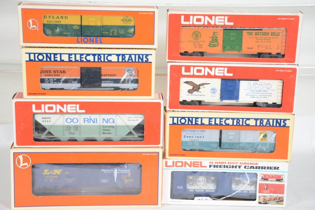 8 Lionel TCA Cars: Includes scarce 9319 Silver Jubilee mint car, no coin, dusty; 52051 B&O boxcar; 9779 1976 boxcar, dusty; 52093 Lone Star boxcar; 52172 L&N boxcar; 16811 Rutland boxcar; 9774 Southern Belle boxcar, dus