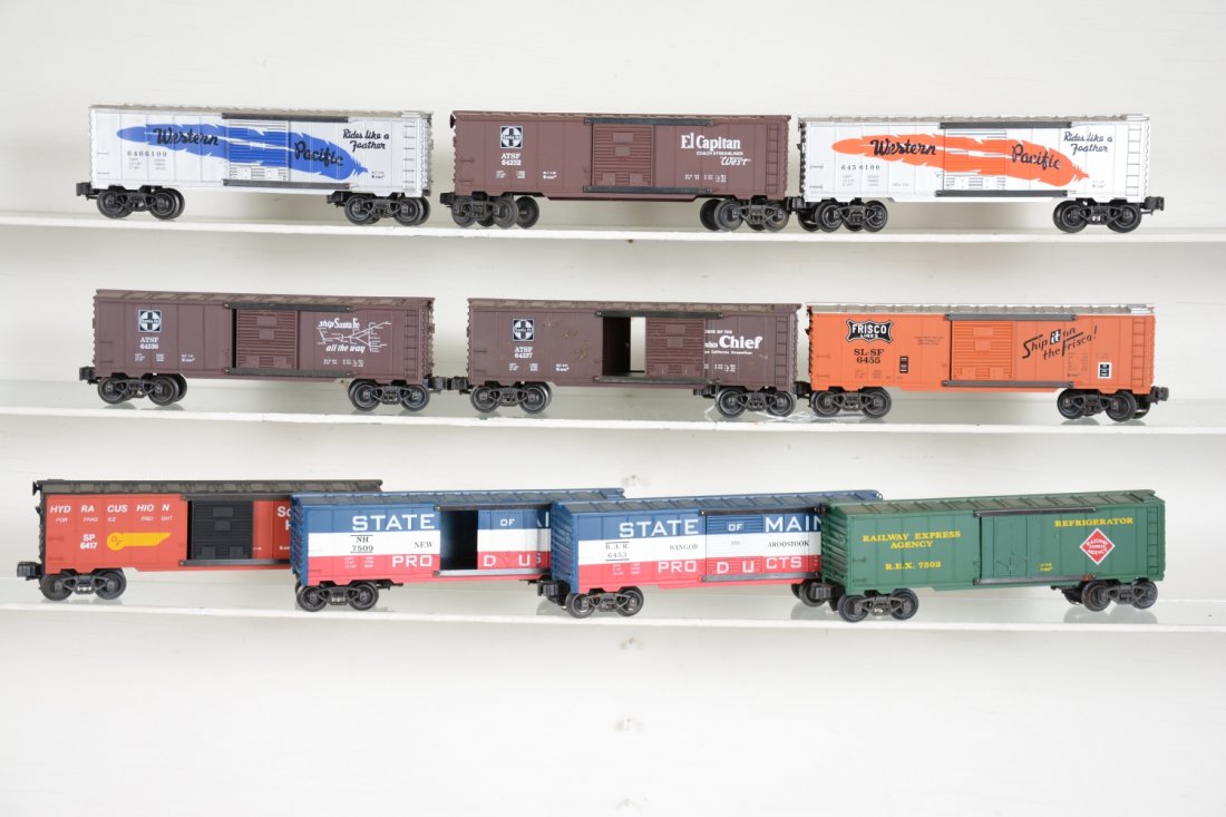 10 K-Line Classic Boxcars: All are fairly clean with metal sprung trucks. They are all different and most show light runtime, C8+-9
