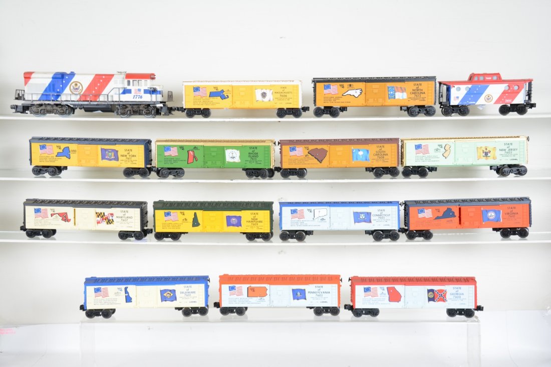 15Pc Lionel 1776 Bicentennial Set: Includes a 1776 SCL SD18 diesel, light oxidation spots on frame; 13 different boxcars; matching 7600 N5c caboose, all are unrun with light shelf dust from display, otherwise C9