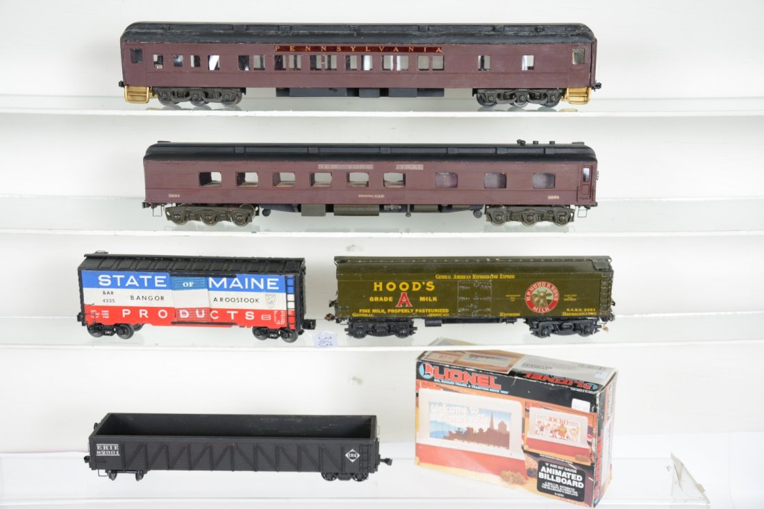 5 Early O Scale Wood Cars: Includes a 20" diner & coach in 2-rail; 13" milk car & gondola; 10" SOM boxcar, all set=up for 3-rail. They are well built and nicely decorated to appear C6-7 BOX IN PHOTO does NOT belong with this lo