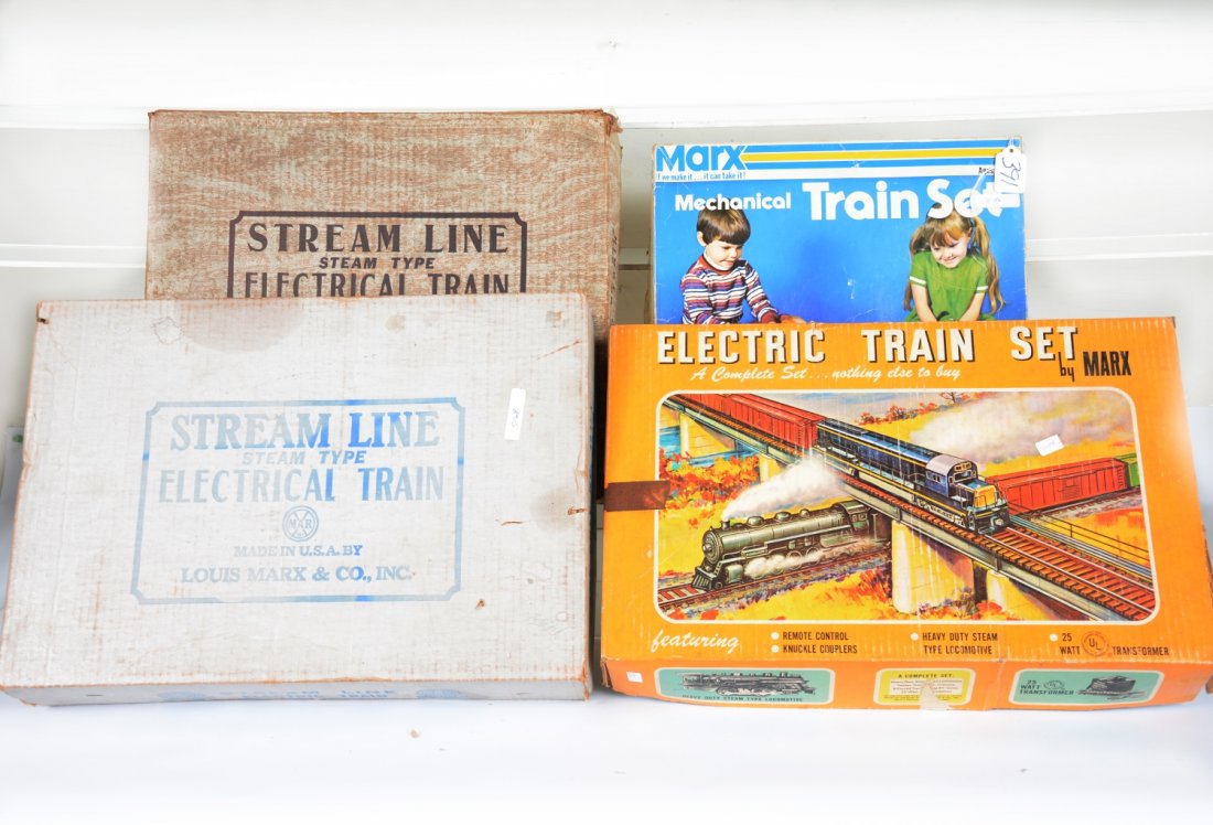 4 Boxed Marx Sets: Includes 530 4pc mechanical with track; 4205 4pc electric with transformer, no track; 4915S including 400 with sound & black hopper;, crane boom loose; 5942 battery loco set, no tender. All have set b
