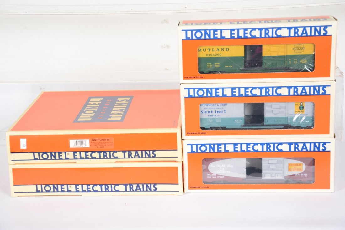 Lionel 6464 Series Boxcar Sets II & V: Set 19257 (RI & 2 different WPs); set 29276 (B&O, C of G; Rutland). Cars are mint with boxes & master boxes, C10