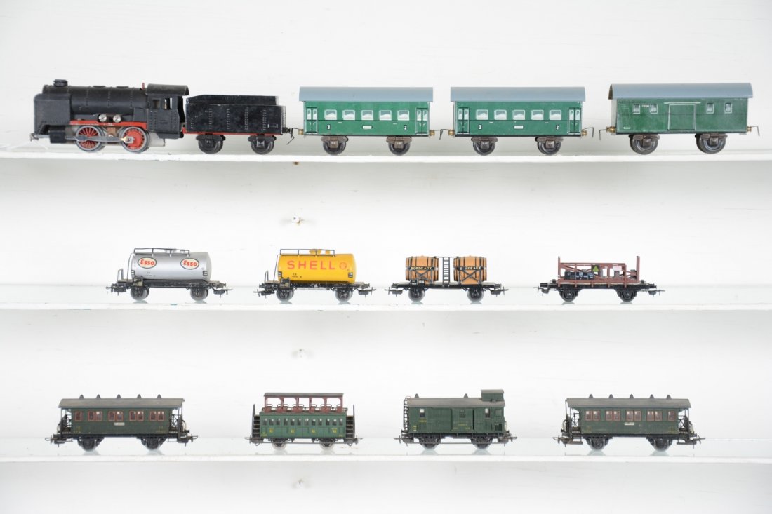 European Trains Lot: Includes a Karl Bub S Gauge set with steam loco, tender & 3 litho tin passenger cars, C8; HO gauge- Jouef sight seeing car; 3 Eletren coaches; 2 Marklin tank cars and wine barrel car; un marked flat.