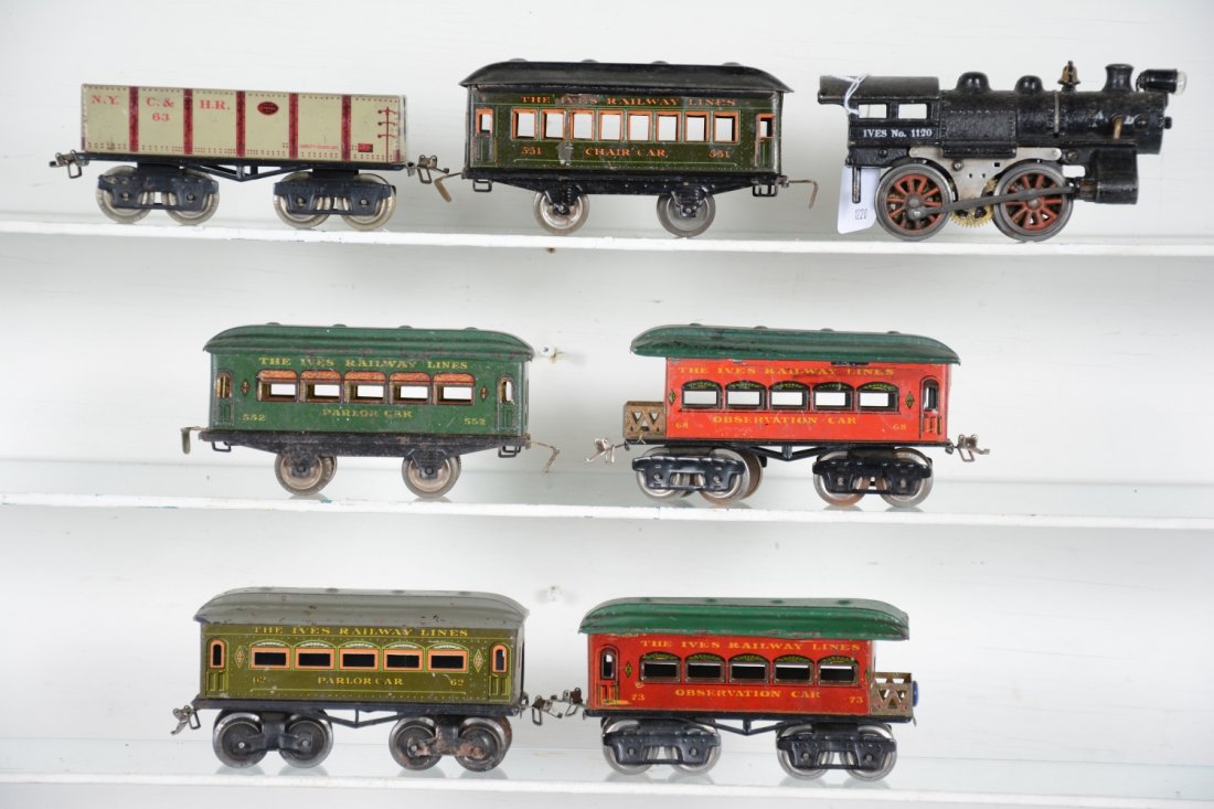 7Pc Ives Lot: Includes an 1120 electric steam loco with AD switch, pilot broken off; 5 assorted passenger cars & a 63 sand car, all showing moderate playwear, Dirty C6ish