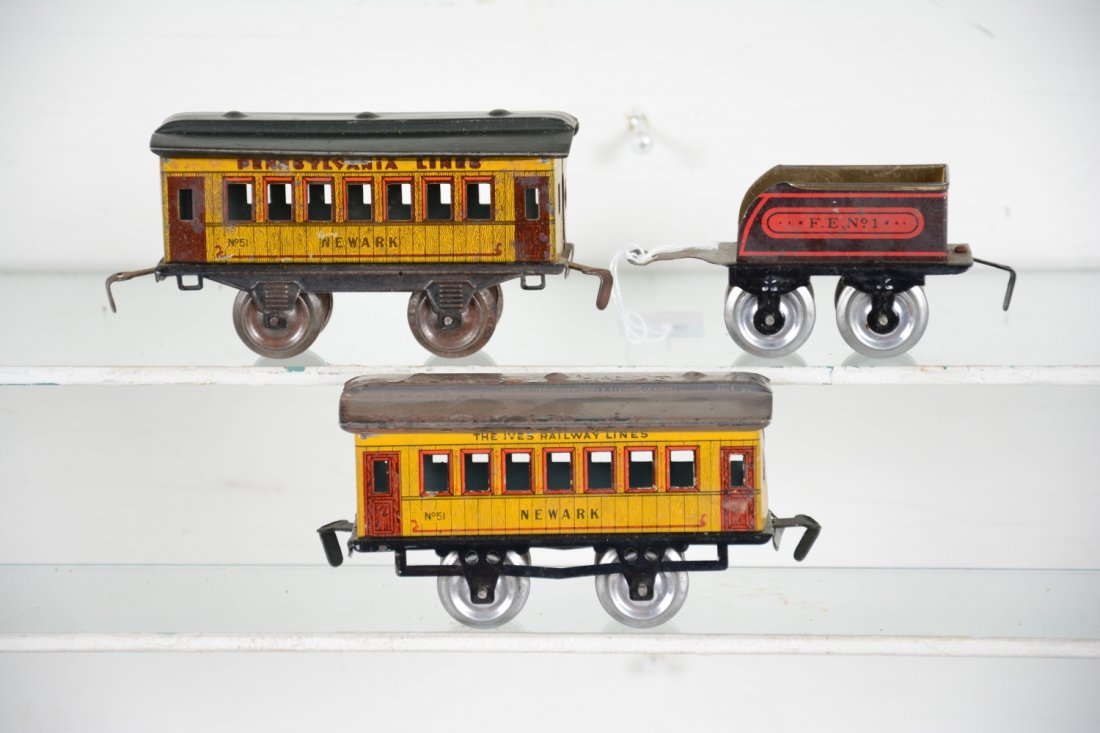 3Pc Ives Newark Lot: Includes a 51 PRR Newark Pullman on late frame, restored roof; 51 Newark pullman on early restored frame, roof flaking 20%; reproduction FE1 tender, car sides C7