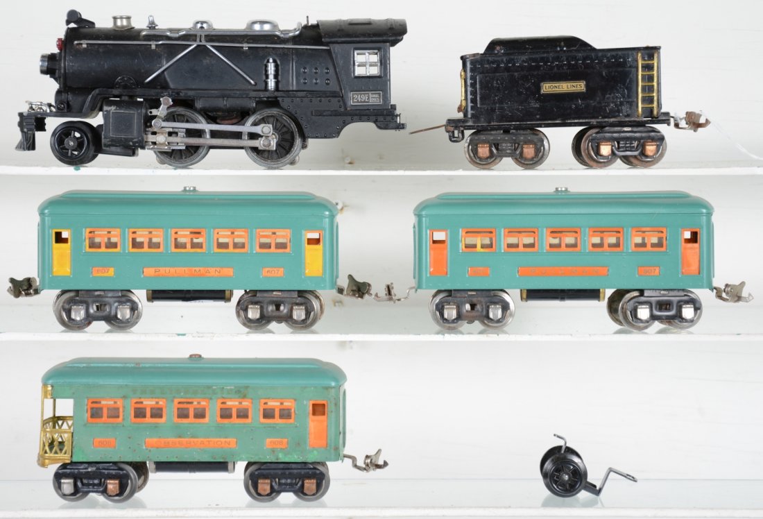 Partially Restored Lionel Passenger Set: Includes a restored late 249E steam loco, pony truck loose; 261T tender, C5; 2 restored 607 Pullmans; 608 observation with restored roof, body C5+