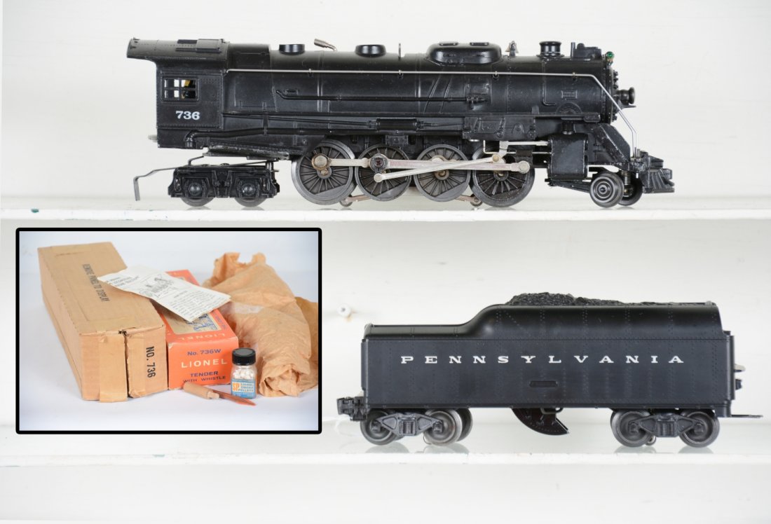LN Boxed Late Lionel 736 Berkshire: Includes a 736 steam loco with nice even unhandled patina with bright rods & lettering. It has it's SP pellets, lube tube, tamper & instructions; matching 736W PRR tender. They have nice boxes and sho