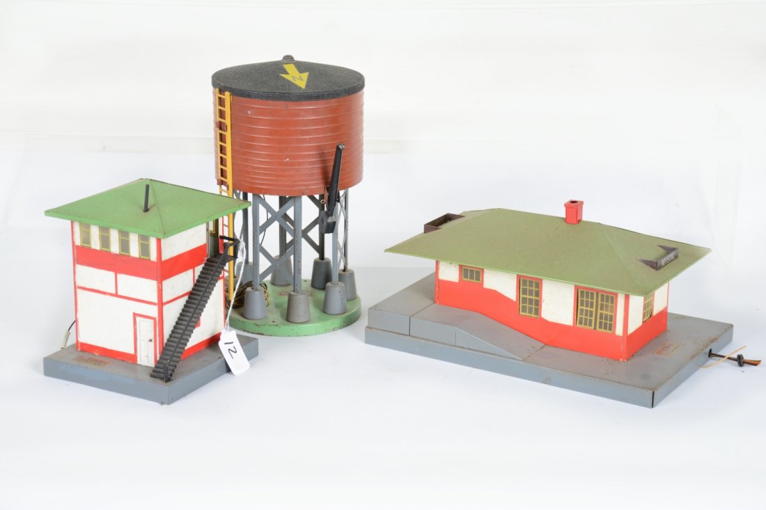 American Flyer 593, 755 & 596 Accessories: S Gauge. Includes a 593 switch tower; 596 water tank with metal spout; 755 talking station with speaker, record & cone, no controller. They could use a cleaning, but only show light to moderate playwe