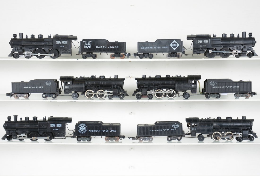 American Flyer Steam Locomotives: S Gauge. Includes a 303 Reading Atlantic with smoke & Choo-Choo; 302 Reading Atlantic with Choo-Choo, missing small front steps, C5; 300 Atlantic; Casey Jones locos L2001, 21165 & 21168. Rest show lig