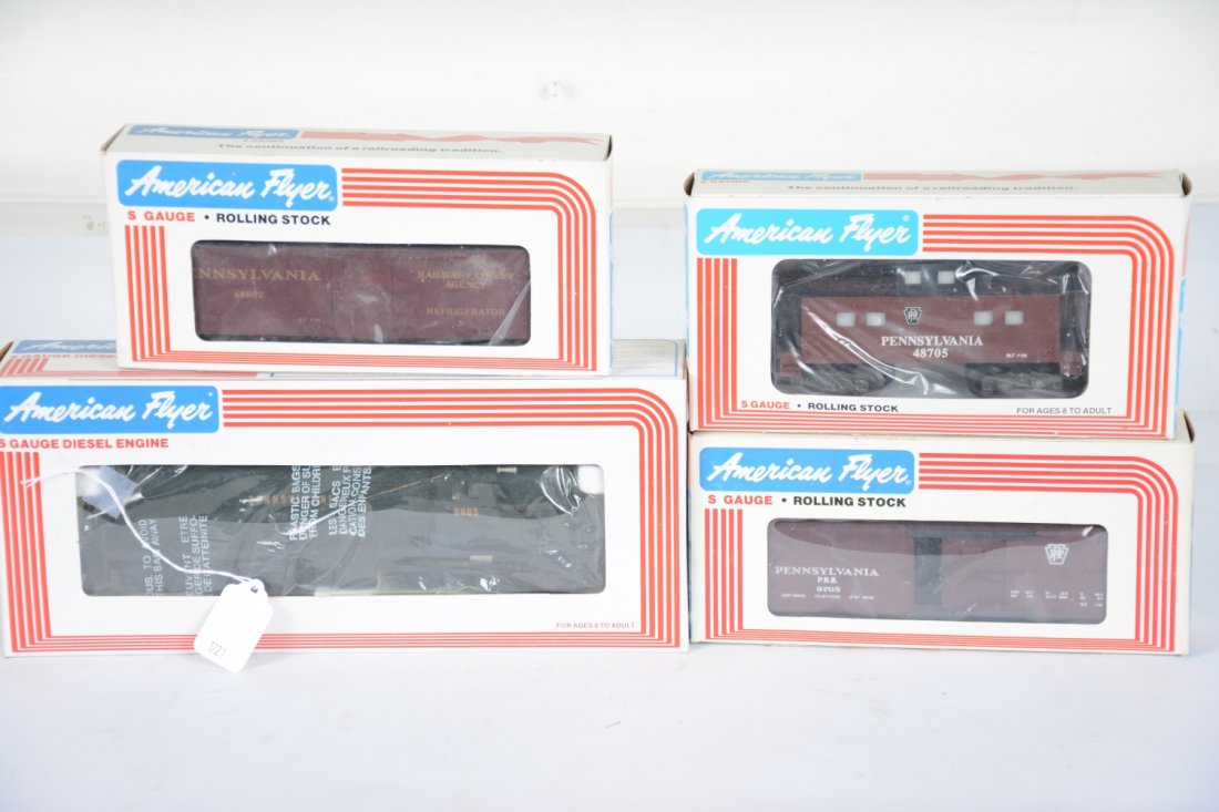 Lionel-American Flyer PRR Diesel Set: S Gauge. Includes a 48005 PRR GP9 diesel; 9705 boxcar; 48802 reefer; 48705 caboose. All are unrun with boxes that have light basement smell, C9