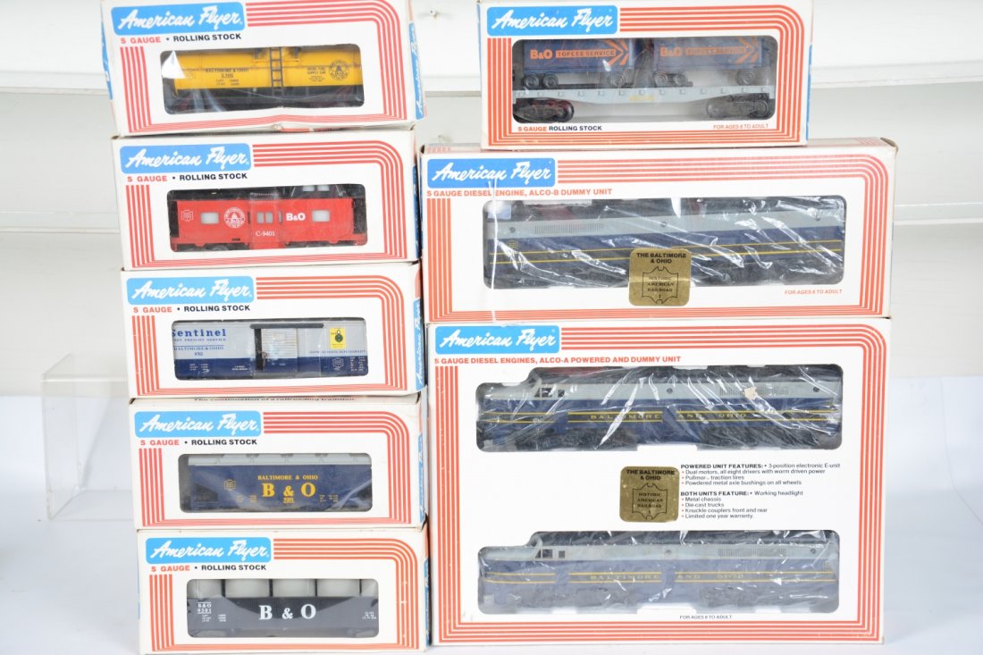 Lionel-American Flyer B&O PA Diesel Set: S Gauge. Includes a 8153 AA diesels, ob water damaged; 8154 B-Unit; 9000 van flat; 9102 tank car; 9702 boxcar; 9301 gondola; 9201 hopper; 9401 caboose. All are unrun with boxes having basement smell, 