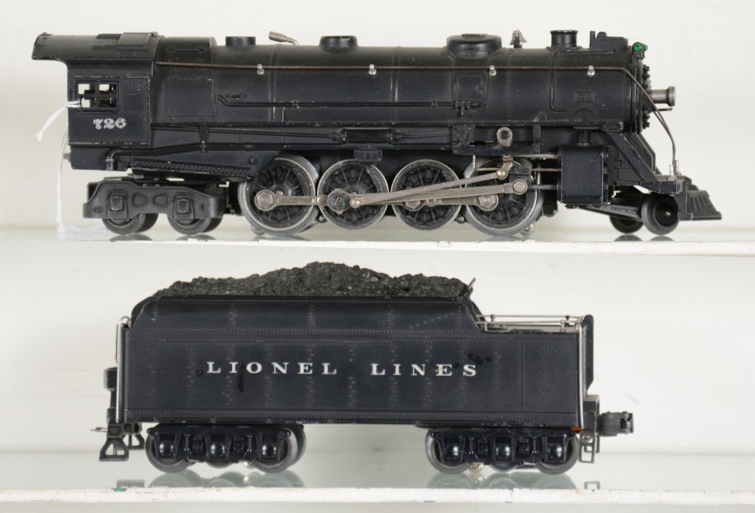 1946 Lionel 726 Berkshire: Clean matte patina with bright rods. Smoke bulb version; 2426W cast tender, matches loco nicely, but has 4 small touch-up spots on side. Over-all shows light playwear, otherwise C7+-8 Nice.