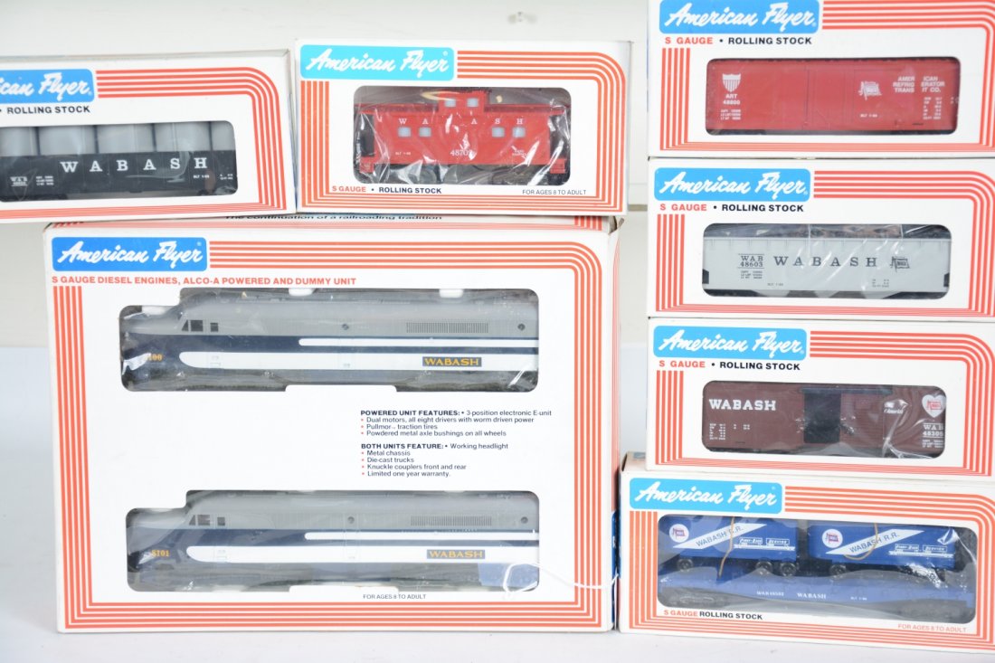 Lionel American Flyer 48100 Wabash Diesel Freight Set: S Gauge. Nice 48100 Wabash PA Alco AA diesels; 48503 gondola; 48603 hopper; 48800 reefer; 48502 flat with vans; 48305 boxcar; 48702 caboose. All are new in boxes, C10