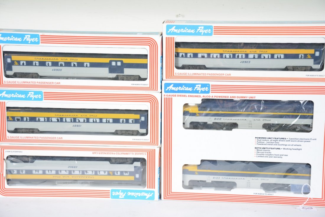 Lionel American Flyer 48102 C&O Diesel Set: S Gauge. Includes a C&O PA Alco AA diesels; matching 48900 combine; 48902 vista-dome; 48901 coach; 48903 observation. All are new in boxes, C10