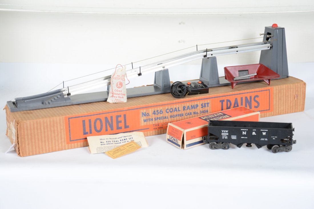 Nice Boxed Lionel 456 Coal Ramp Set: Clean ramp with original intact handrails. Includes its unrun 3456 N&W operating hopper. Has its 206 coal, bin with trap, controller & pins. It has a nice 1950 box, just missing the inserts, C8+ Nice.