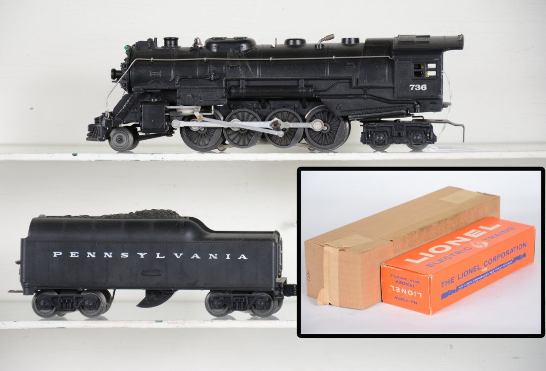Nice Boxed Lionel 736 Berkshire Locomotive: 1960s production with nice satin patina and bright trim; 736W PRR tender. Both show light runtime with brick boxes, C8 Nice.
