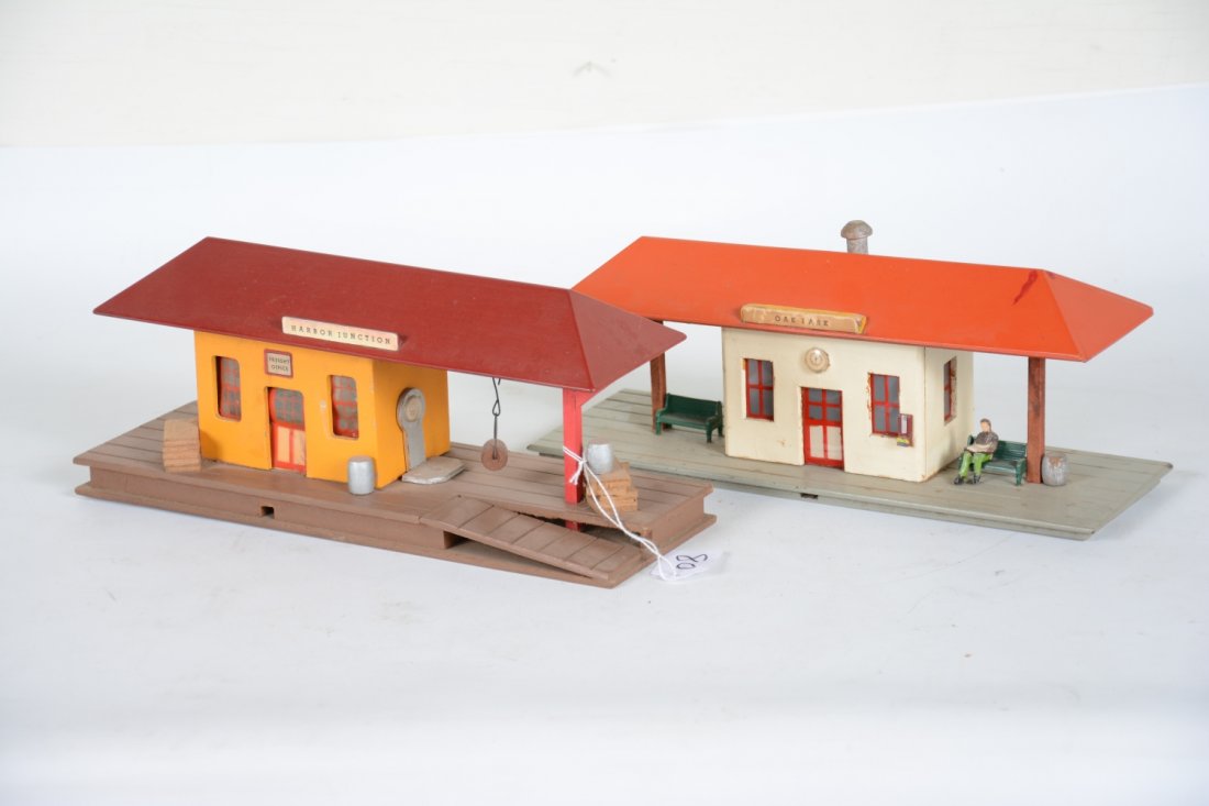 American Flyer 273 & 274 Wood Buildings: S Gauge. Includes a 273 Oak Park station, red roof version, small touch-up spot on roof; 274 Harbor Junction Freight station, just loose chimney. They show light playwear, otherwise finish is C7-7+