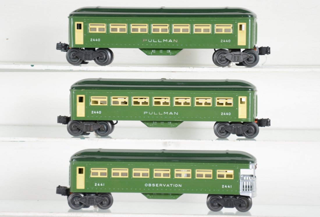 Super Lionel 2440 Passenger Cars: Amazing clean mirror finish with white heat-stamped lettering, 2 #2440 Pullmans, 1 has oxidation spots on trucks; 2441 observation. Paint is near flawless with very light runtime, otherwise, C8+ Nice!