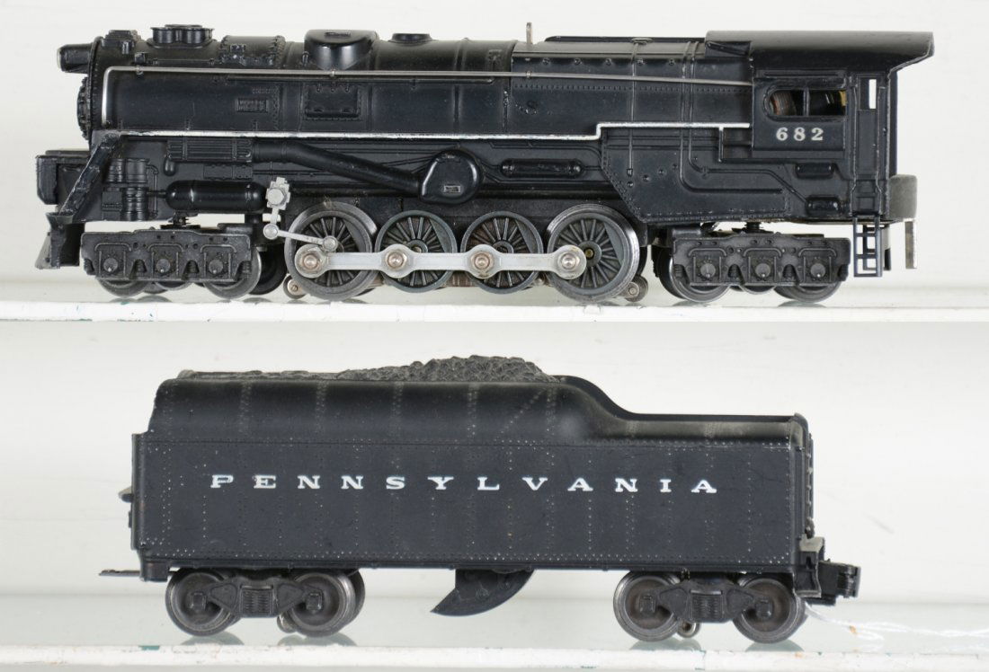 Scarce Lionel 682 PRR Steam Turbine: Clean with white 90% stripe with 2 small touch-ups; correct 2046W-50 PRR tender. They show light to moderate playwear, otherwise C7
