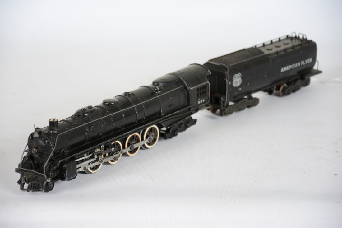 American Flyer 336 UP Northern: S Gauge. Clean with nice lettering and number boards, but stripe has been painted out and missing 1 rear step. It shows light to moderate playwear, otherwise C7