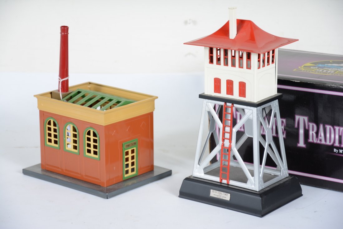 MTH Lionel Accessories: Includes a boxed 109-1049 438 switch tower, late colors, C9; 438 power station, early colors, dusty, C8