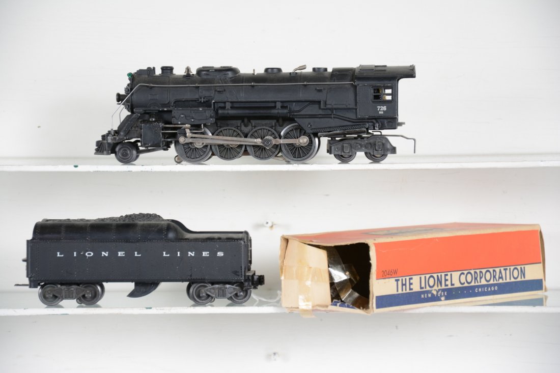 Nice Lionel 726RR Berkshire Loco: 1952 Production. Has nice matte patina with strong cab lettering and clean rods; is has its 2046W tender that has a box missing flap 1 side. They show light playwear, C7+-8