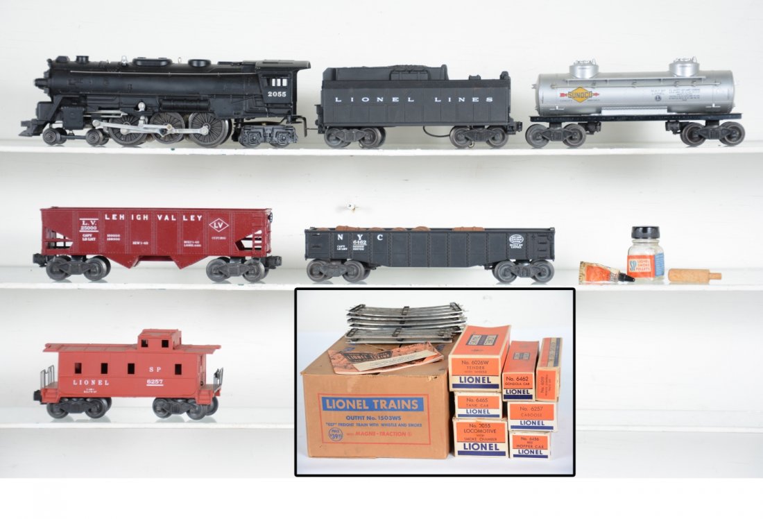 Clean Boxed Lionel 2055 Set 1503WS: 1953 production. Includes a 2055 steam loco, nice matte patina with bright rods & trim, has SP pellets, tamper & lube; matching 6026W tender; 6456 LV hopper; 6462 gondola with barrels; 6456 Sunoco tan