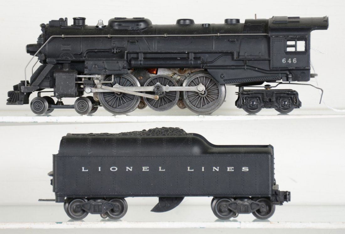 Clean Lionel 646 Hudson Locomotive: Nice matte patina with heat-stamped lettering; 2046W tender. It shows light to light to moderate playwear, C7