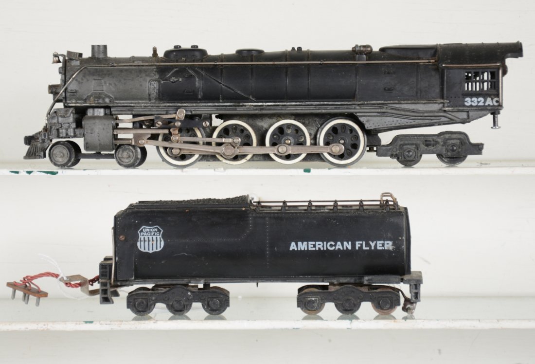 American Flyer 332AC UP Northern: S Gauge. Intact shells with some enhancement with nicely painted silver details and boiler handling. It shows light to moderate playwear, needs a cleaning, appears C6+