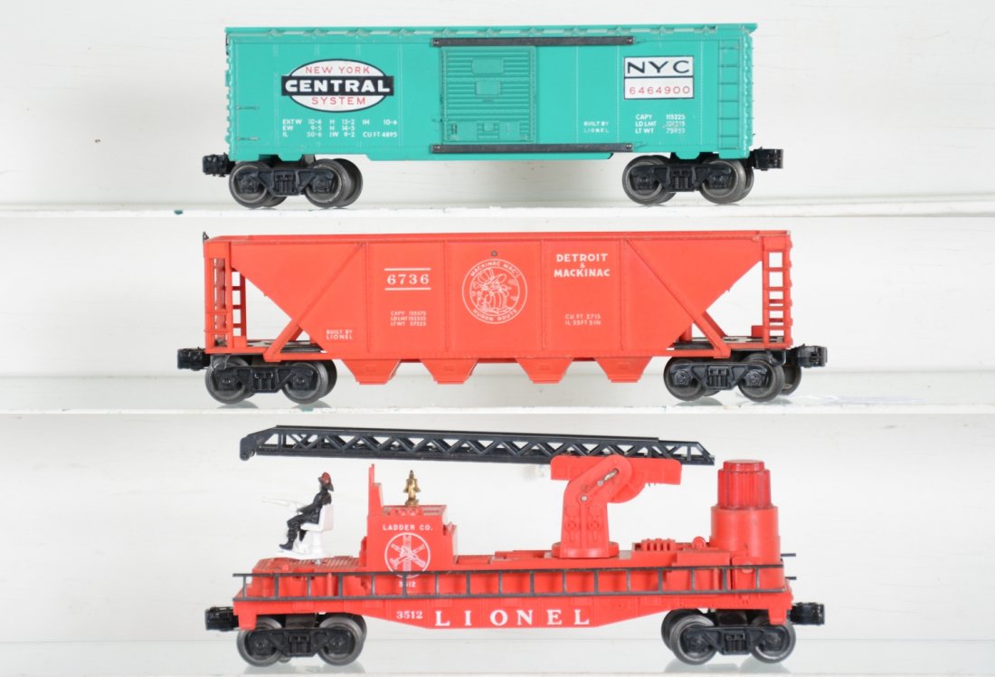 Clean Lionel Freight Cars: Includes a 3512 fire ladder car, intact, just missing nozzles; 6736 D&M Quadhopper; 6464-900 NYC boxcar, type IV, C7-, Rest show light playwear, C8