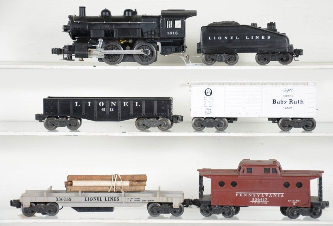 Lionel 1615 Steam Freight Set: Includes a 1615 Steam switcher; 1615T slant back tender; 6014 BR boxcar; 6112 gondola, no load; 3361 log dump car, replaced logs, dusty; 6417 PRR N5c caboose, 1 cracked ladder. Rest show light to mode