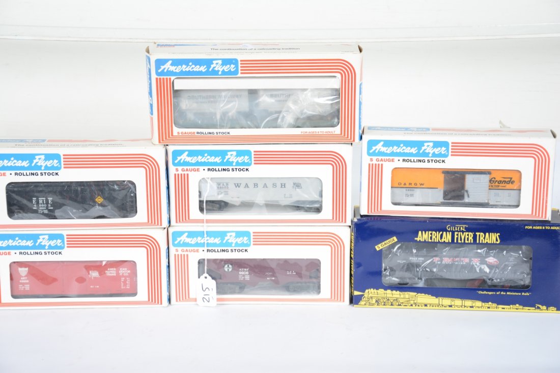 Lionel-American Flyer Freight Cars: S Gauge. Includes 48602 Erie hopper; 48800 Wabash reefer; 48301 D&RGW boxcar; 48603 Wabash hopper; 9208 ATSF hopper; 9004 Southern flat with vans; 48418 Protex tank. All are unrun with boxes having ba