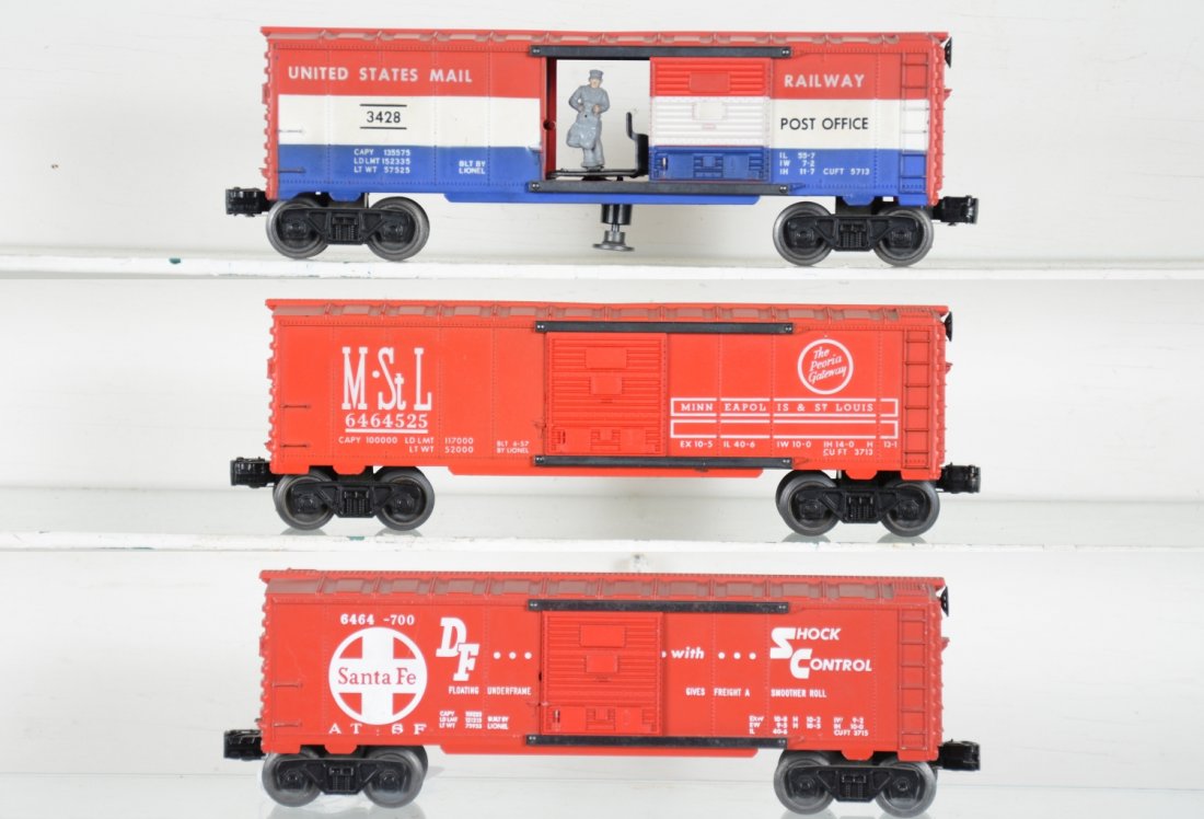 Clean Lionel Boxcars: Includes a 6464-700 SF Shock Control, type IV, C7; 6464-525 M&StL, type III; 3428 operating US Mail car with bag, gray figure. Rest show light playwear, C8