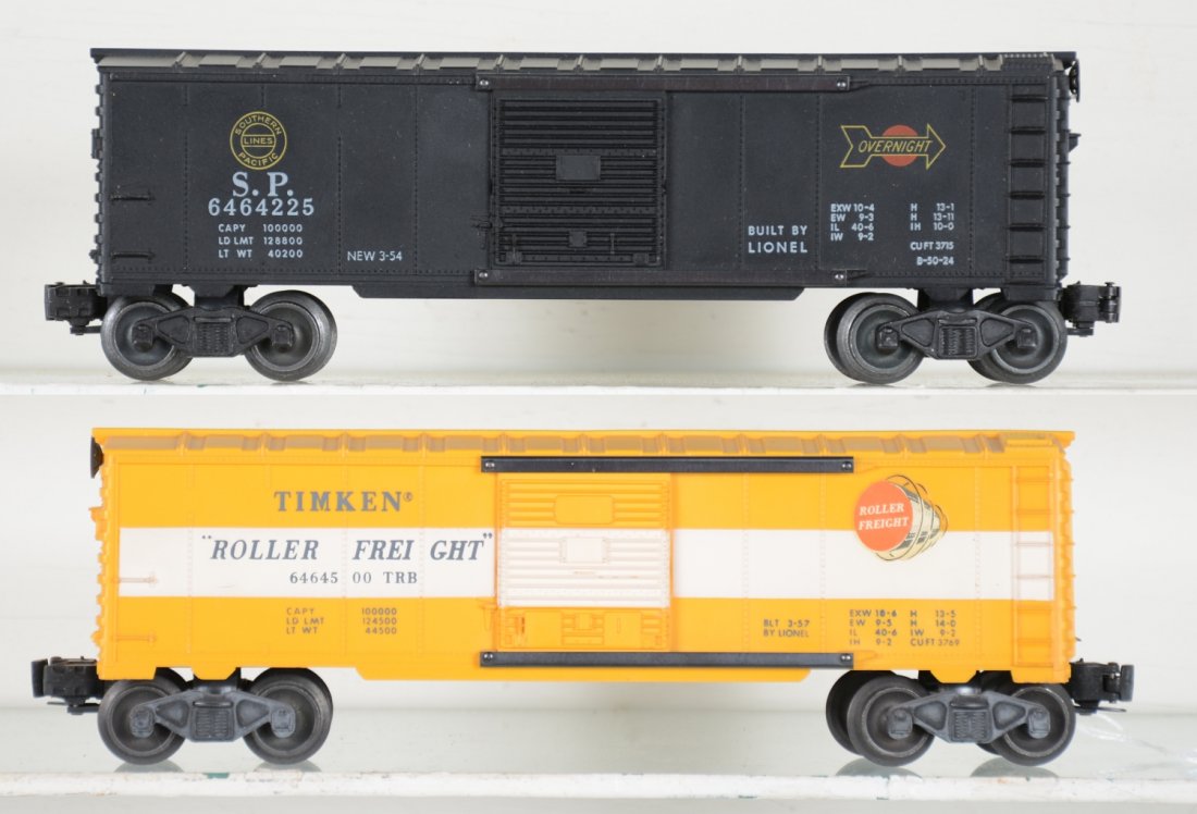 Lionel 6464-225 & 500 Boxcars: Includes a 6464-225 SP boxcar, type IIA with awesome matte patina; 6464-500 Timken boxcar, type IIB with 100% decals. Both show light run time C7+-8
