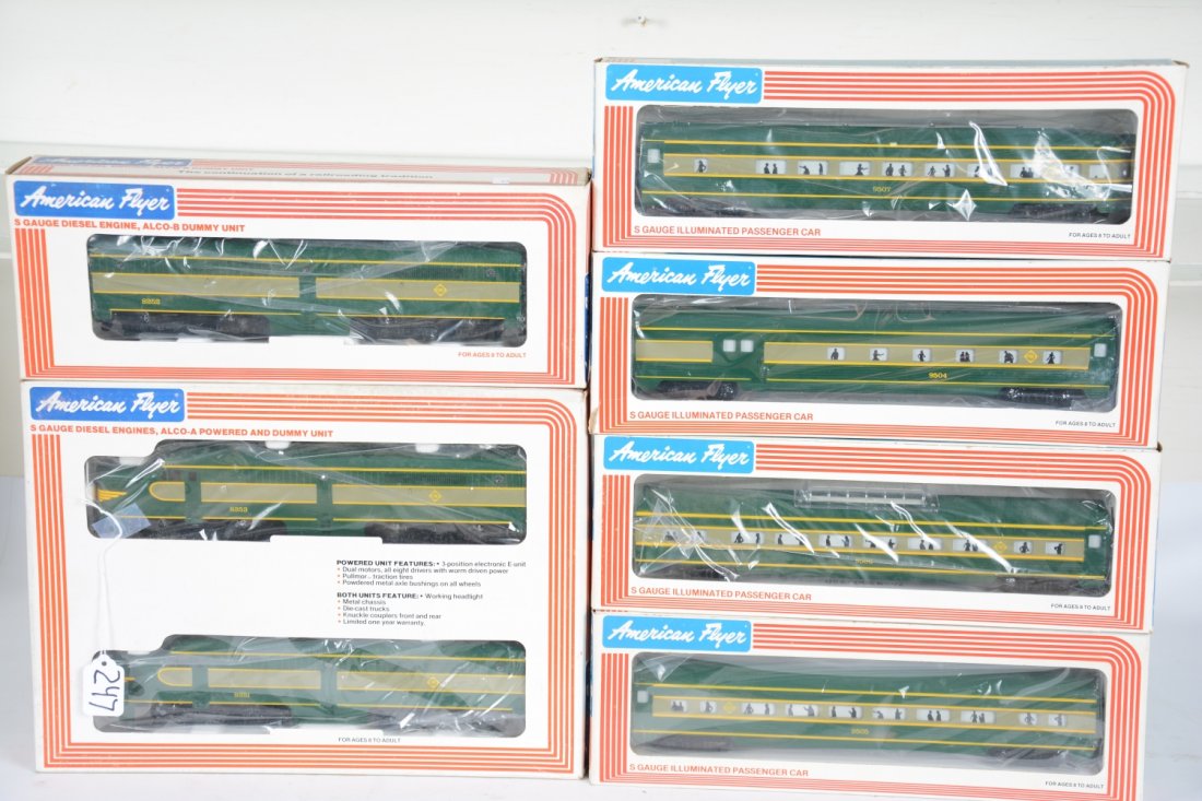 Lionel American Flyer Erie PA ABA Set: S Gauge. Includes 8251 & 8252 PA ABA Diesels with horn; matching 9504 combine; 9505 Pullman; 9406 vista-dome; 9507 observation. All are new in boxes, C10